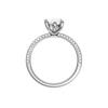 A profile view of the Marquise cut diamond engagement ring in platinum with a pavé diamond band and cathedral setting