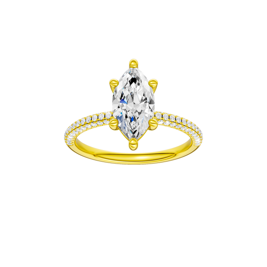 A front view of the Marquise cut diamond engagement ring in 14k yellow gold with a pavé diamond band and cathedral setting