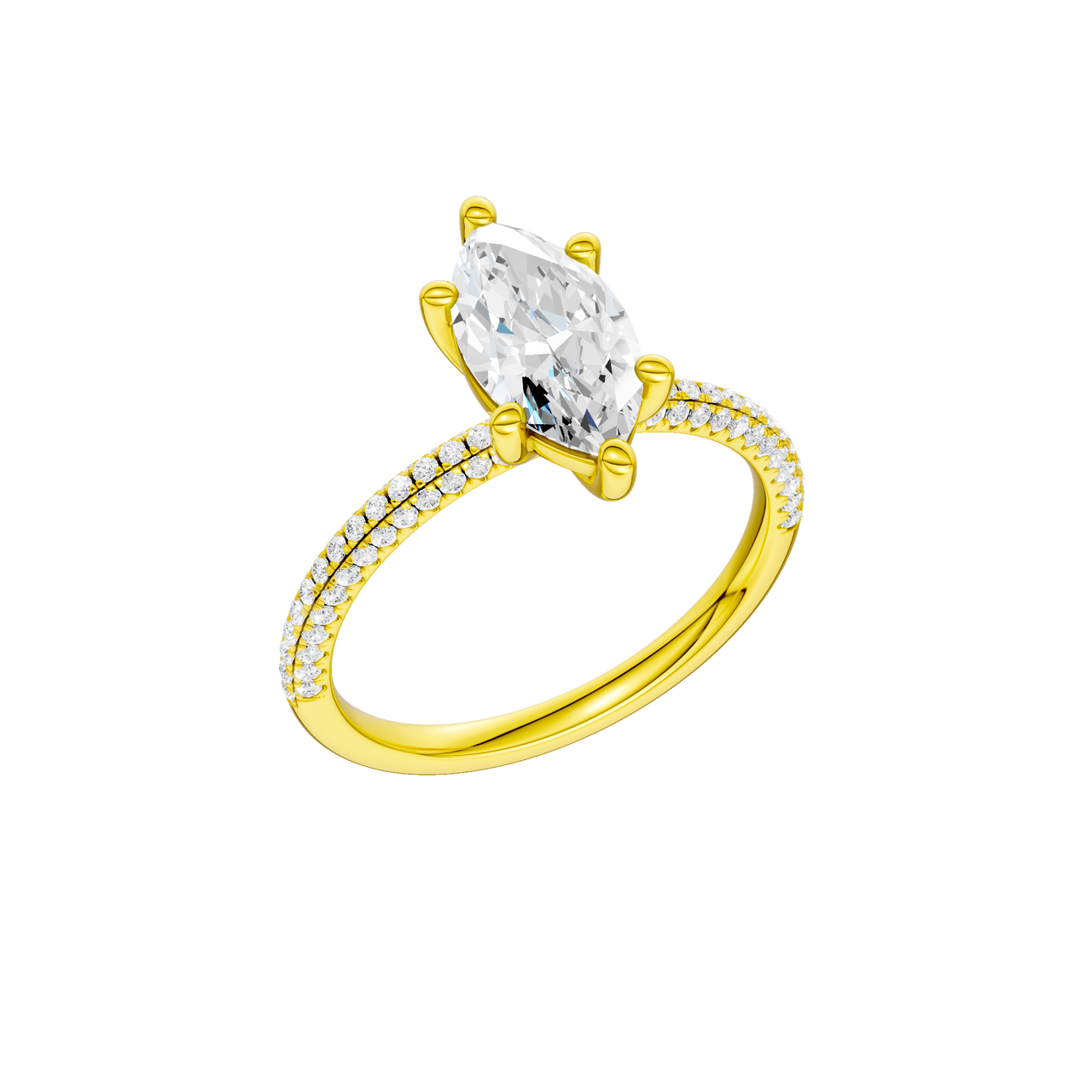 A three-quarter view of the Marquise cut diamond engagement ring in 14k yellow gold with a pavé diamond band and cathedral setting