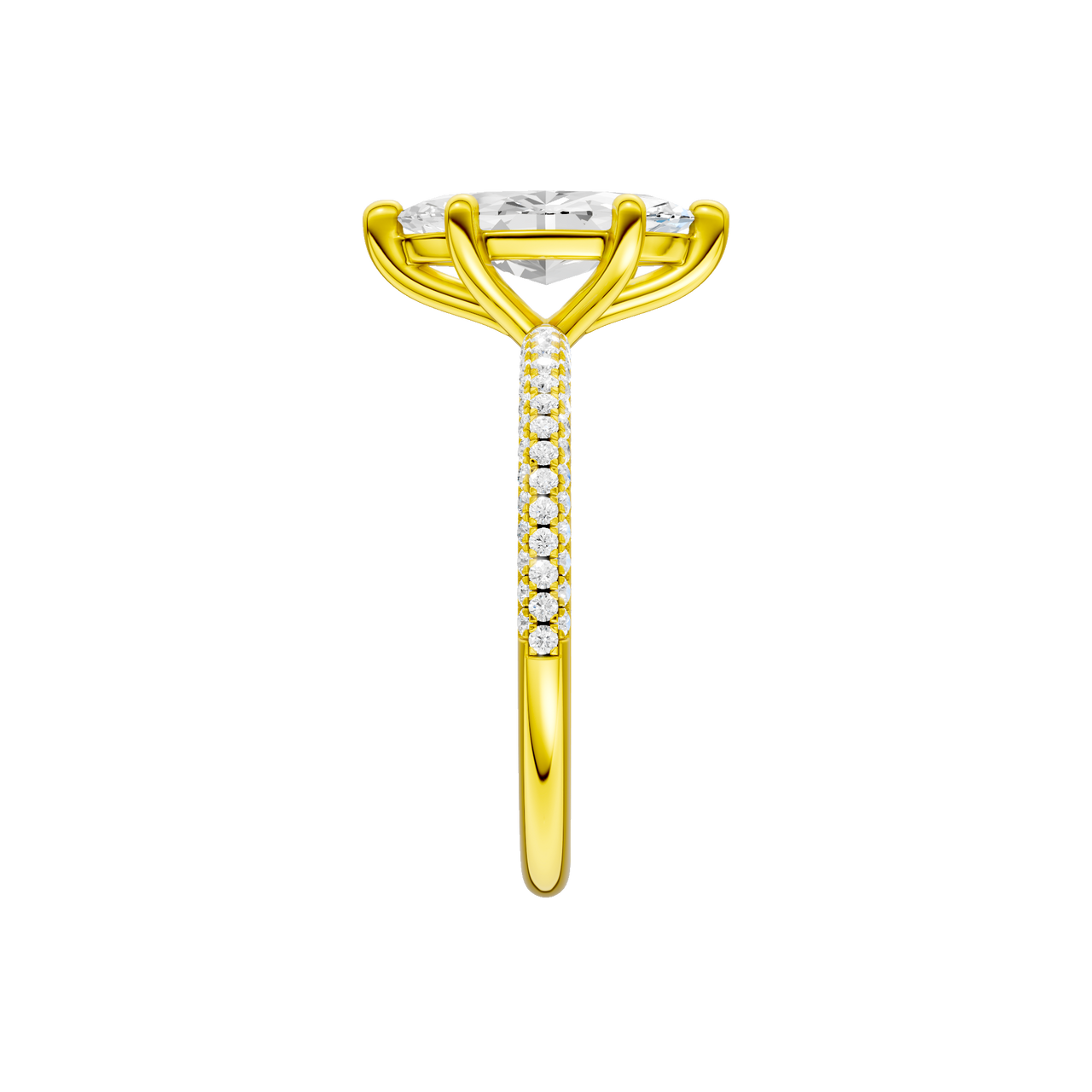 A side view of the Marquise cut diamond engagement ring in 14k yellow gold with a pavé diamond band and cathedral setting