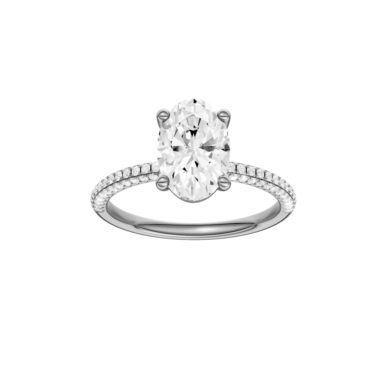 A front view of the oval cut diamond engagement ring in 14k white gold with a pavé diamond band and cathedral setting
