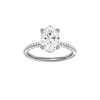 A front view of the oval cut diamond engagement ring in platinum with a pavé diamond band and cathedral setting