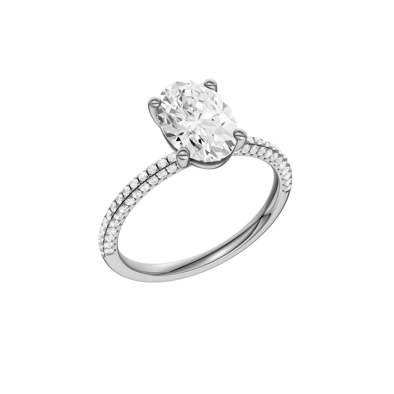 A three-quarter view of the oval cut diamond engagement ring in 14k white gold with a pavé diamond band and cathedral setting