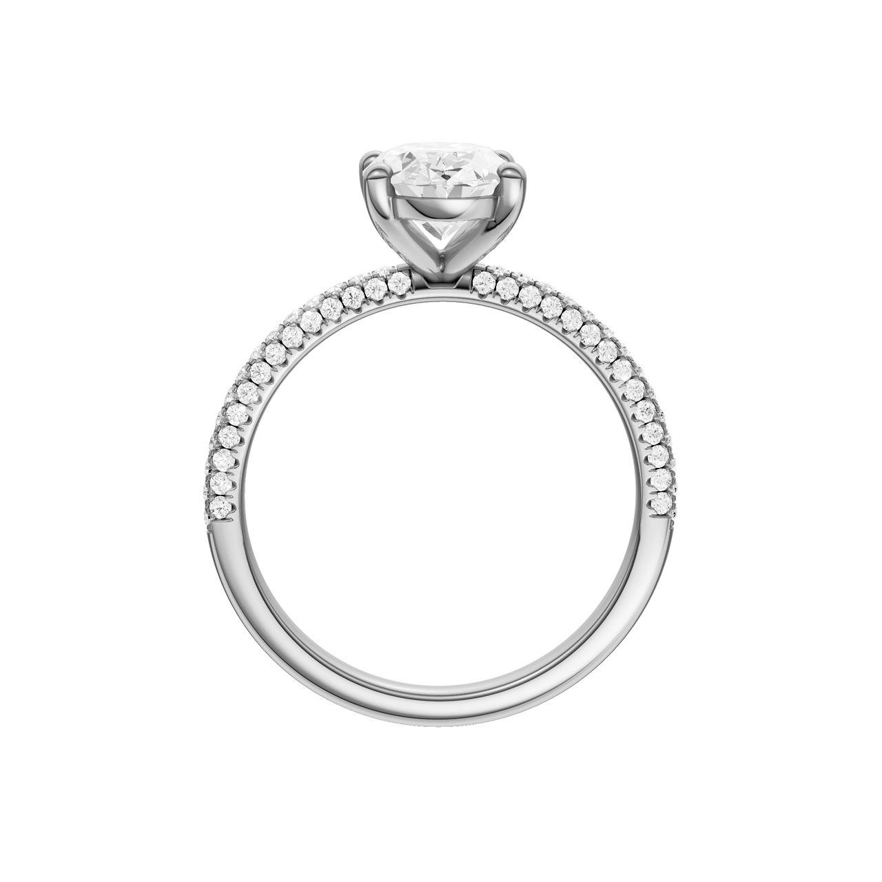 A profile view of the oval cut diamond engagement ring in 14k white gold with a pavé diamond band and cathedral setting