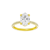A front view of the oval cut diamond engagement ring in 14k yellow gold with a pavé diamond band and cathedral setting