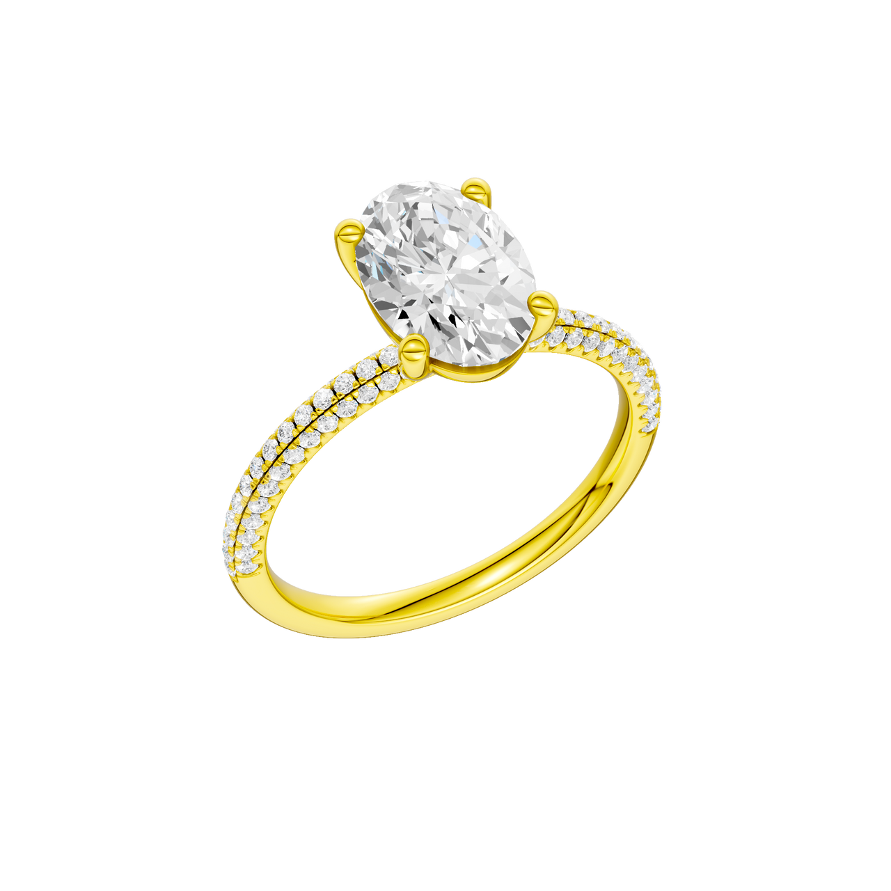 A three-quarter view of the oval cut diamond engagement ring in 14k yellow gold with a pavé diamond band and cathedral setting