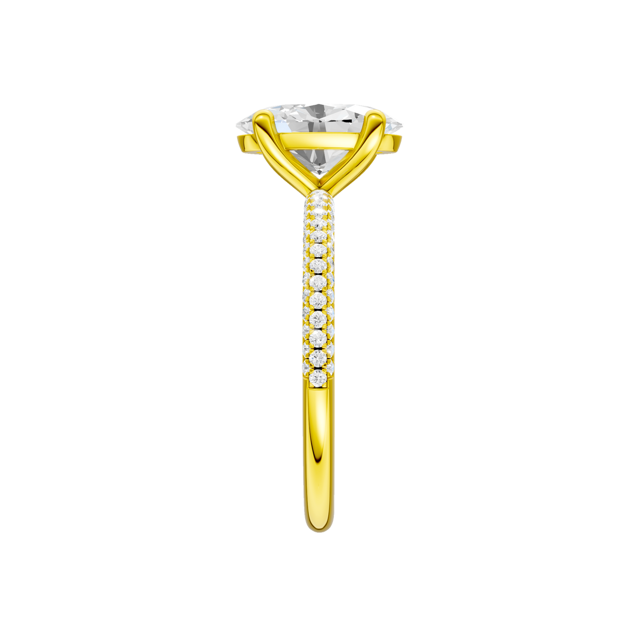 A side view of the oval cut diamond engagement ring in 14k yellow gold with a pavé diamond band and cathedral setting