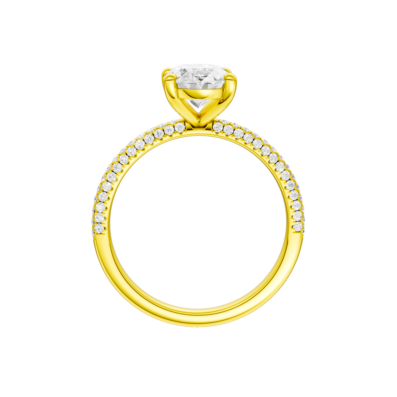 A profile view of the oval cut diamond engagement ring in 14k yellow gold with a pavé diamond band and cathedral setting