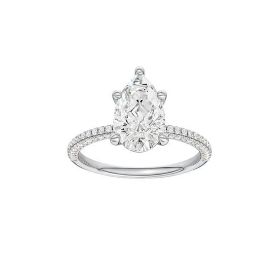A front view of the Pear cut diamond engagement ring in platinum with a pavé diamond band and cathedral setting