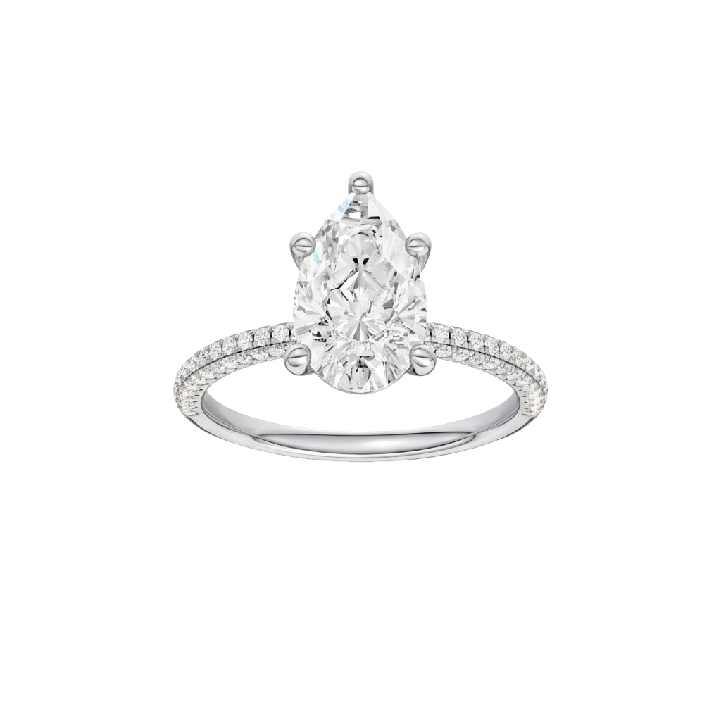 A front view of the Pear cut diamond engagement ring in platinum with a pavé diamond band and cathedral setting