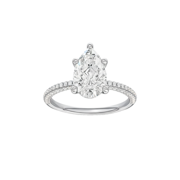 A front view of the Pear cut diamond engagement ring in 14k white gold with a pavé diamond band and cathedral setting