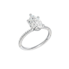 A three-quarter view of the Pear cut diamond engagement ring in 14k white gold with a pavé diamond band and cathedral setting