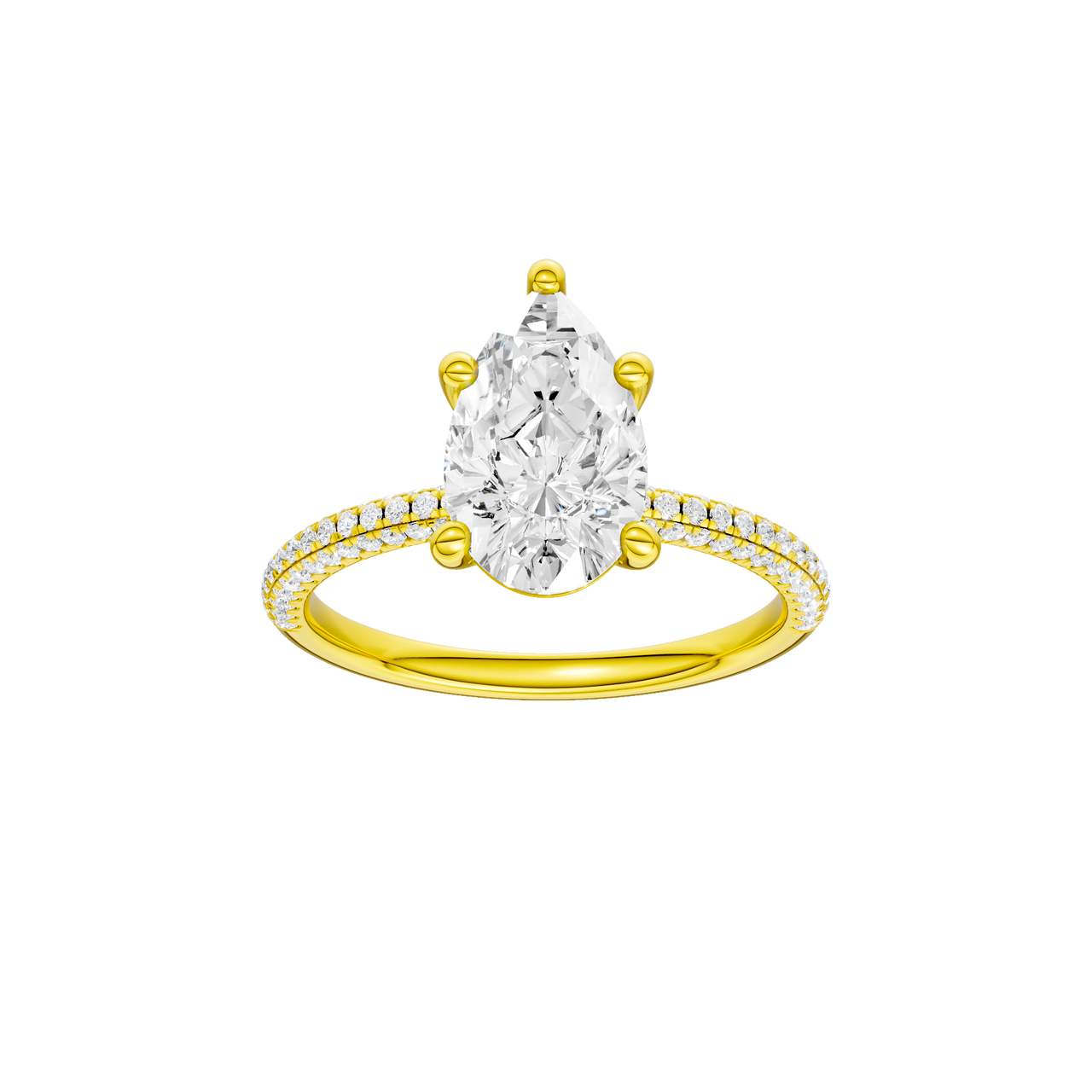 A front view of the Pear cut diamond engagement ring in 14k yellow gold with a pavé diamond band and cathedral setting