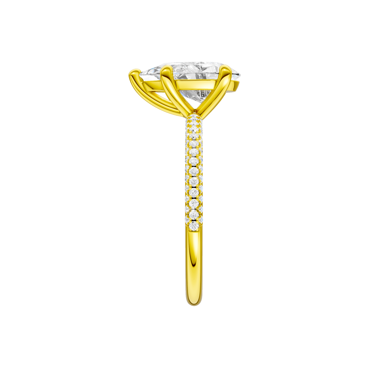 A side view of the Pear cut diamond engagement ring in 14k yellow gold with a pavé diamond band and cathedral setting