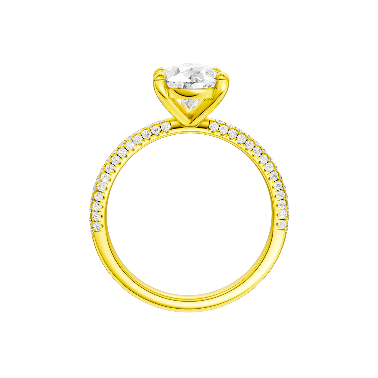 A profile view of the Pear cut diamond engagement ring in 14k yellow gold with a pavé diamond band and cathedral setting