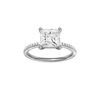 A front view of the Princess cut diamond engagement ring in platinum with a pavé diamond band and cathedral setting