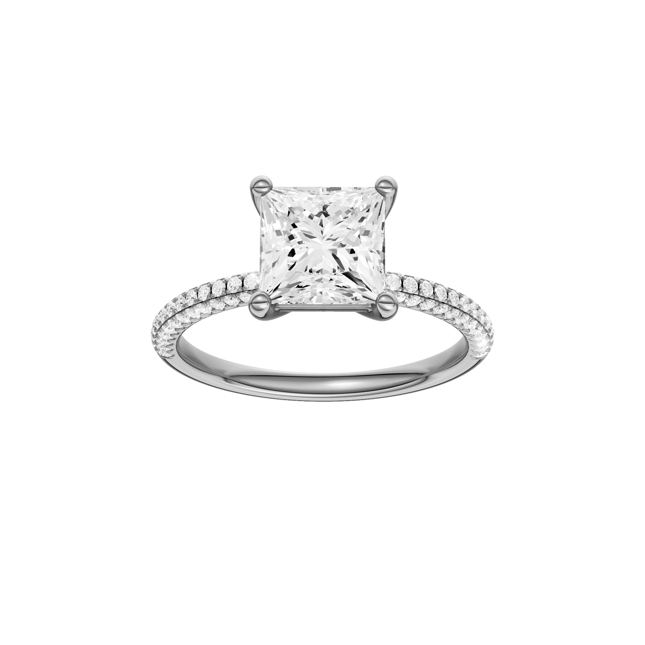 A front view of the Princess cut diamond engagement ring in platinum with a pavé diamond band and cathedral setting