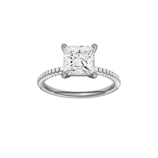 A front view of the Princess cut diamond engagement ring in 14k white gold with a pavé diamond band and cathedral setting