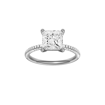 A front view of the Princess cut diamond engagement ring in 14k white gold with a pavé diamond band and cathedral setting