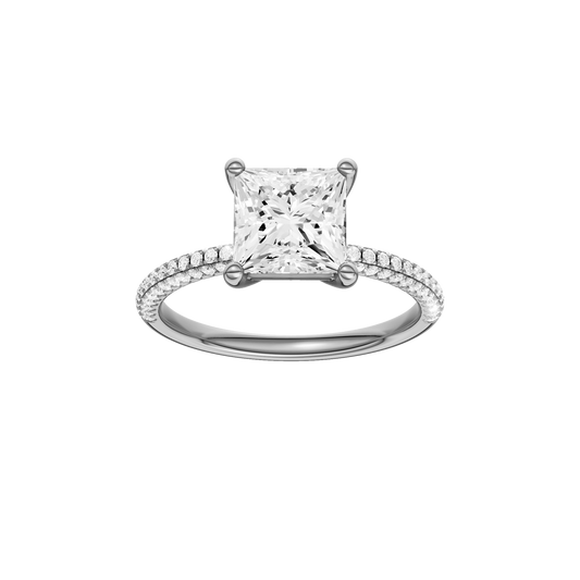 A front view of the Princess cut diamond engagement ring in 14k white gold with a pavé diamond band and cathedral setting