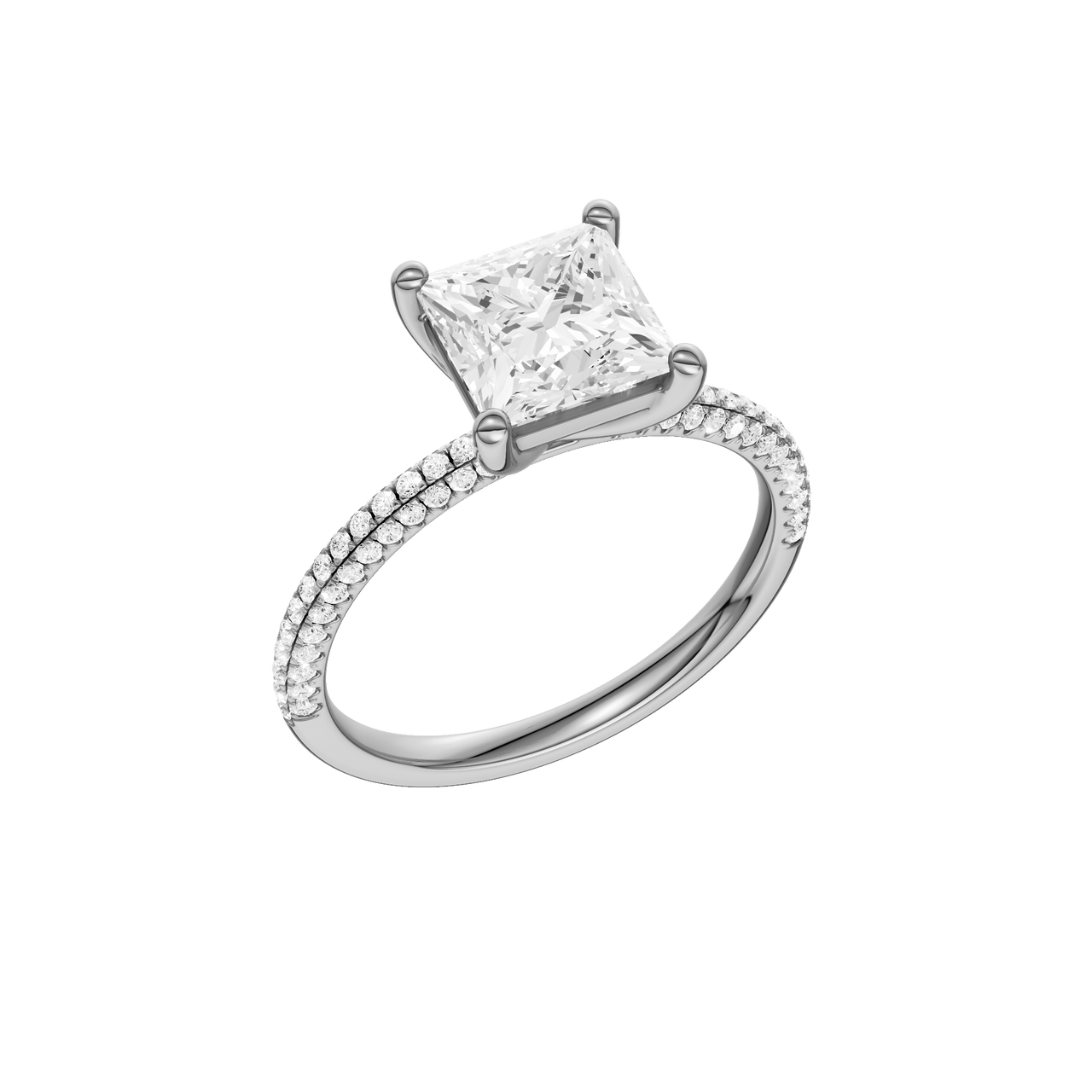 A three-quarter view of the Princess cut diamond engagement ring in platinum with a pavé diamond band and cathedral setting
