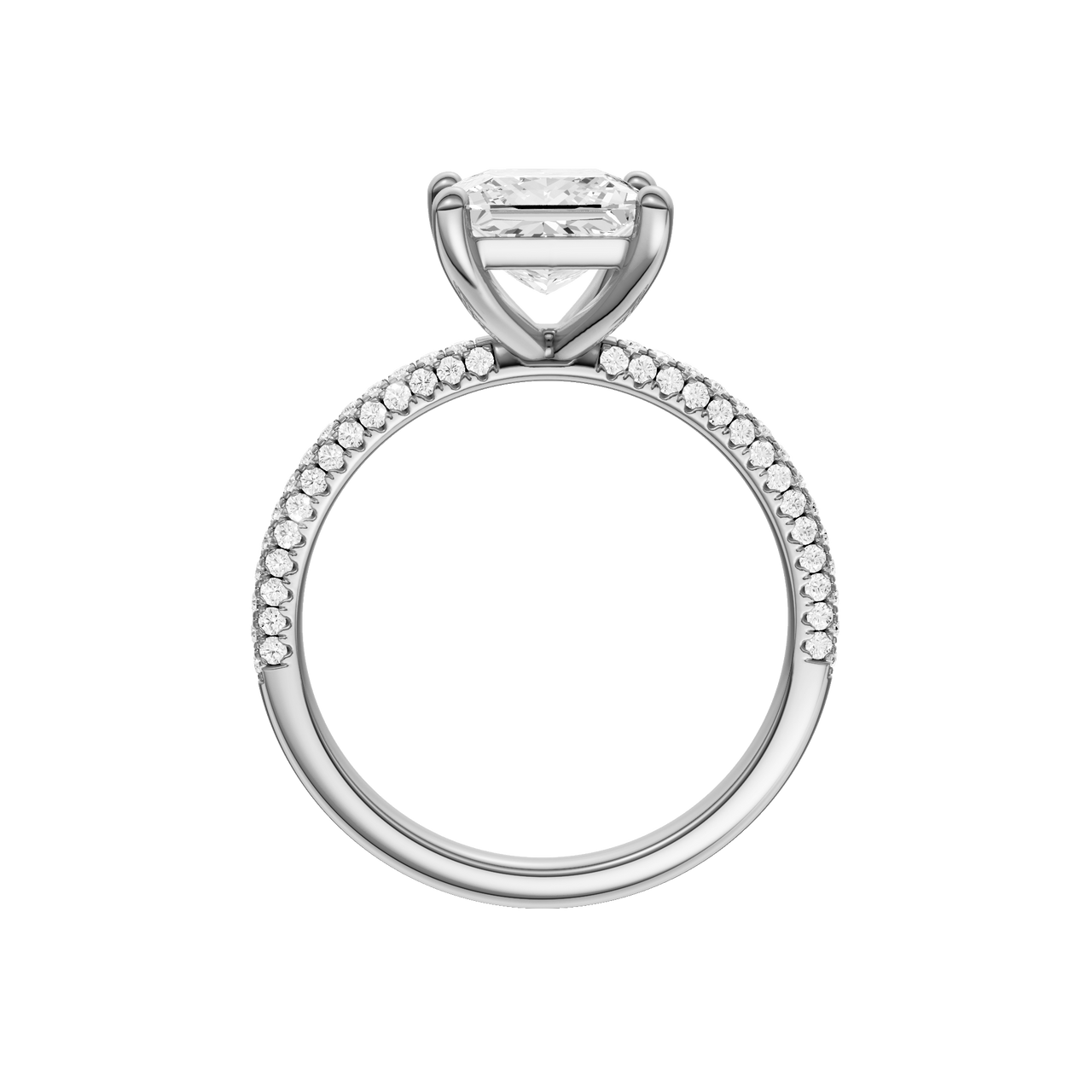A profile view of the Princess cut diamond engagement ring in platinum with a pavé diamond band and cathedral setting