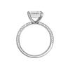 A profile view of the Princess cut diamond engagement ring in 14k white gold with a pavé diamond band and cathedral setting