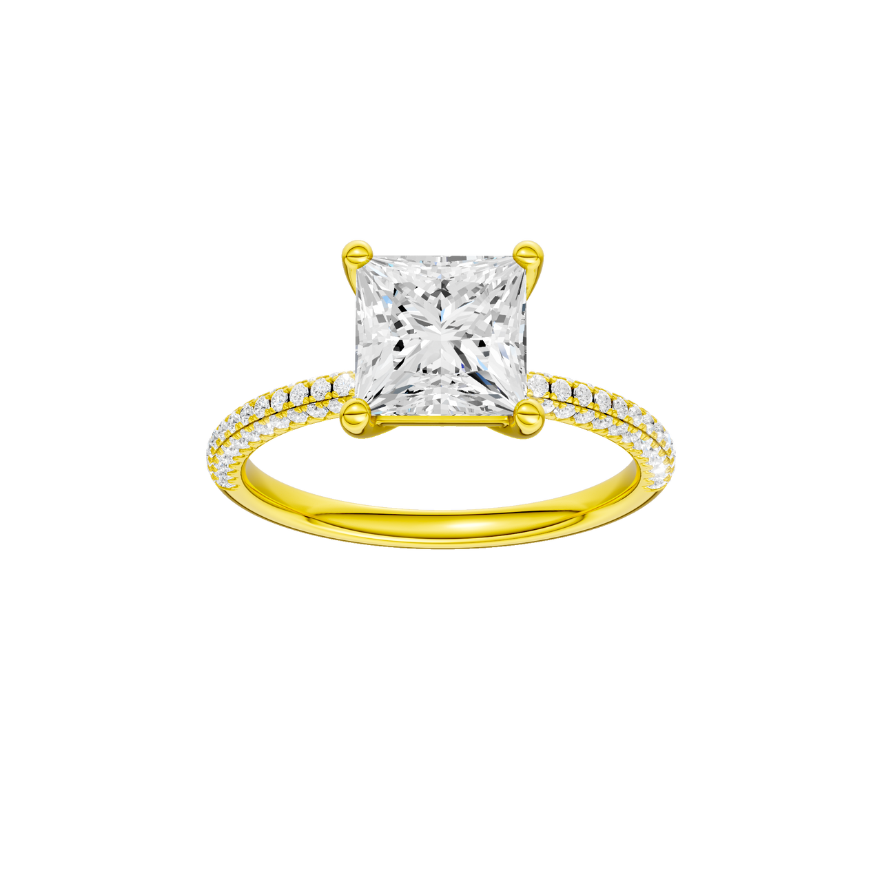 A front view of the Princess cut diamond engagement ring in 14k yellow gold with a pavé diamond band and cathedral setting