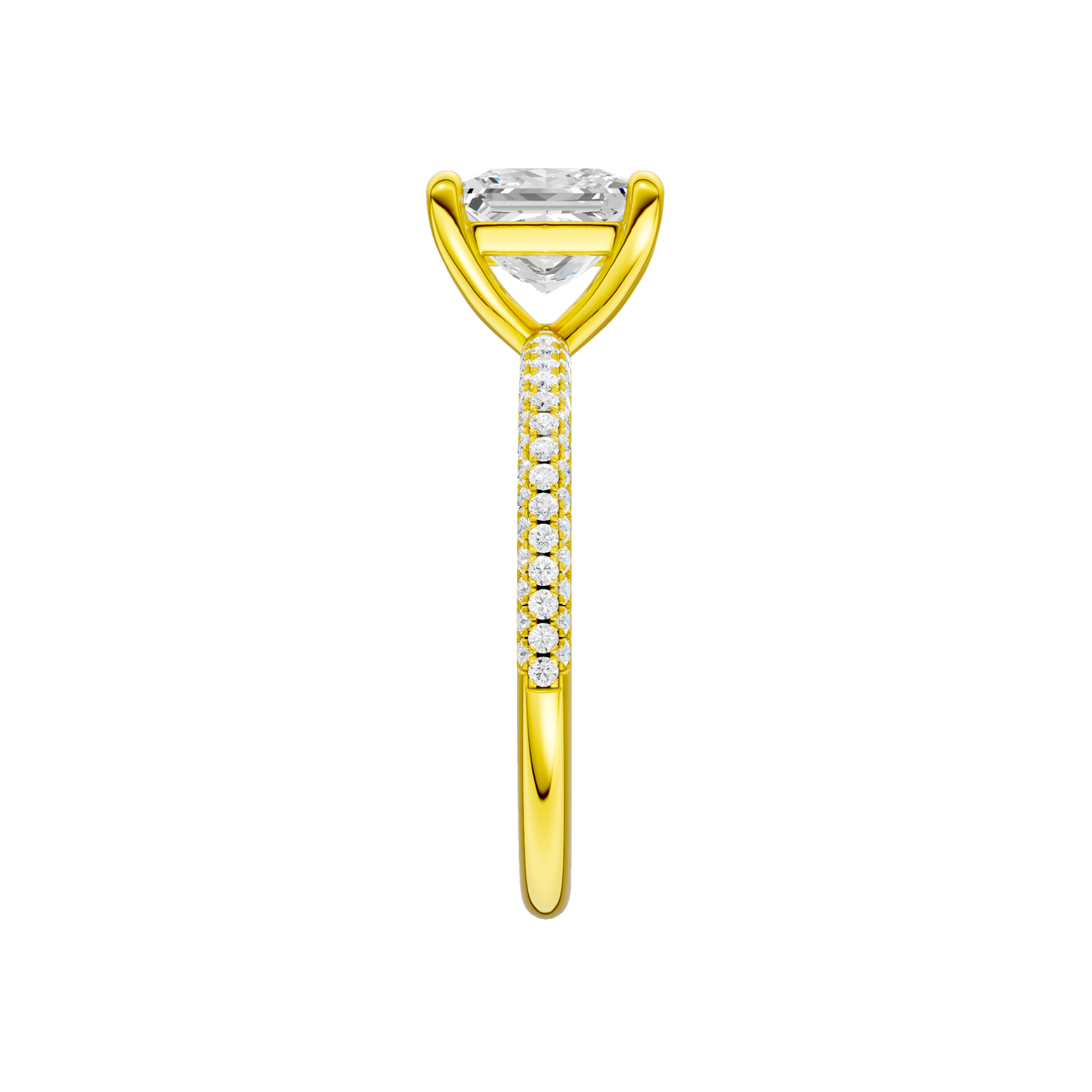 A side view of the Princess cut diamond engagement ring in 14k yellow gold with a pavé diamond band and cathedral setting