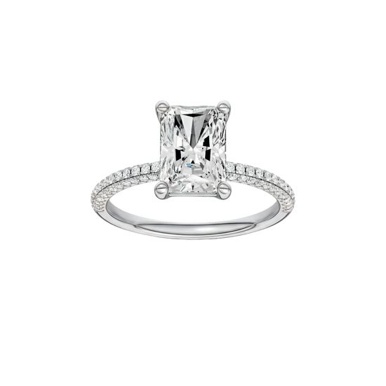 A top view of 14K white gold Amorati Alight radiant diamond solitaire with cathedral setting and pavé band