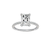 A top view of 14K white gold Amorati Alight radiant diamond solitaire with cathedral setting and pavé band
