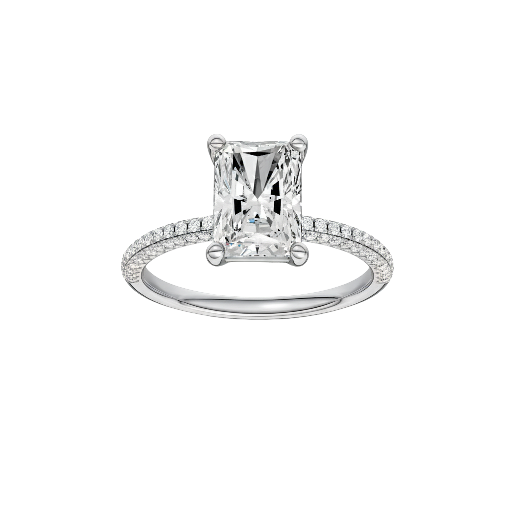 A top view of 14K white gold Amorati Alight radiant diamond solitaire with cathedral setting and pavé band