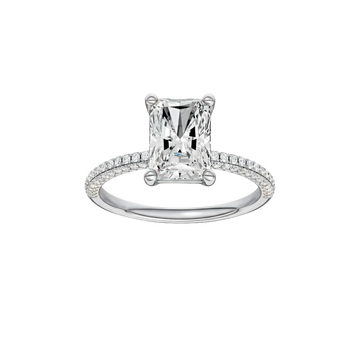 A top view of 14K white gold Amorati Alight radiant diamond solitaire with cathedral setting and pavé band
