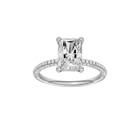 A top view of 14K white gold Amorati Alight radiant diamond solitaire with cathedral setting and pavé band