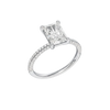 An angled view of 14K white gold Amorati Alight radiant diamond solitaire with cathedral setting and pavé band