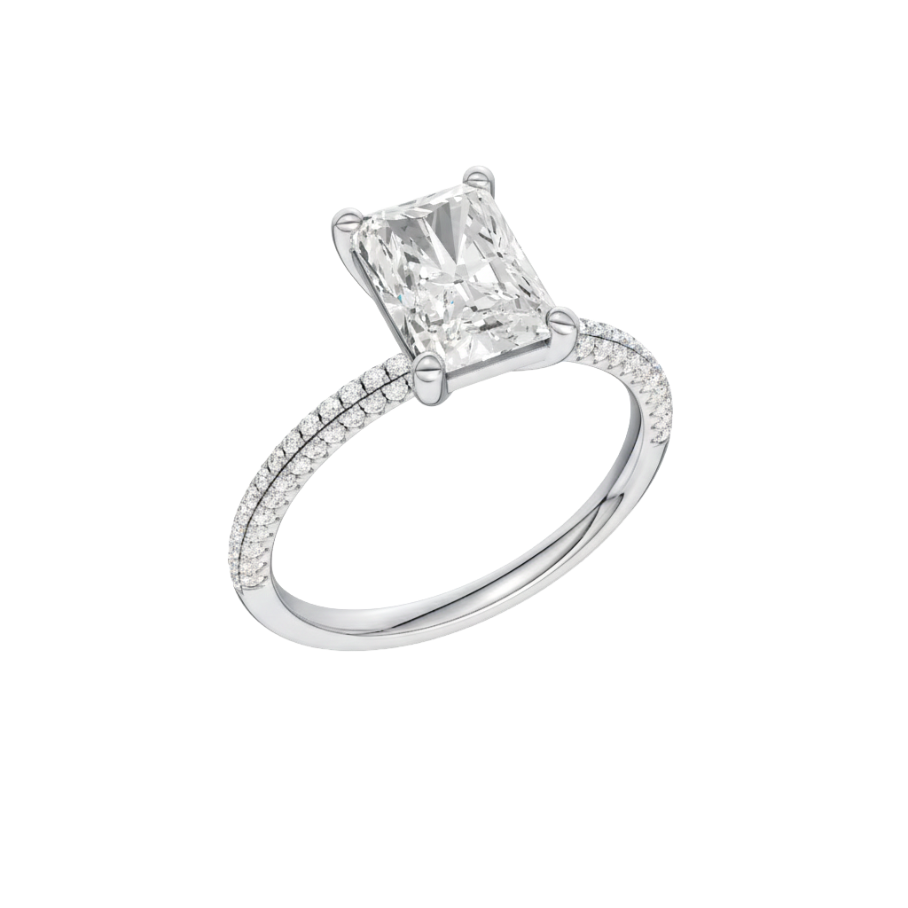 An angled view of 14K white gold Amorati Alight radiant diamond solitaire with cathedral setting and pavé band