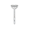 A side view of 14K white gold Amorati Alight radiant diamond solitaire with cathedral setting and pavé band