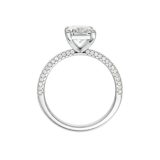 A side profile view of 14K white gold Amorati Alight radiant diamond solitaire with cathedral setting and pavé band