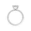 A side profile view of 14K white gold Amorati Alight radiant diamond solitaire with cathedral setting and pavé band