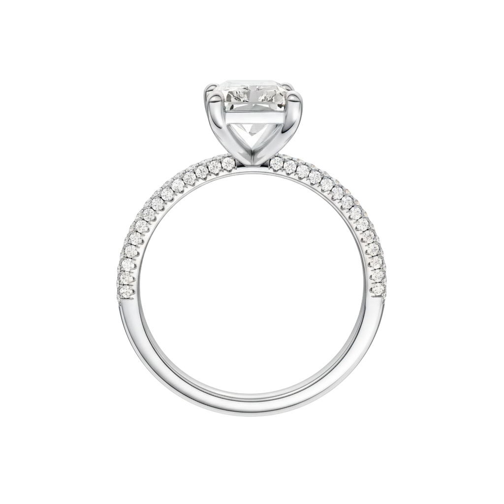 A side profile view of 14K white gold Amorati Alight radiant diamond solitaire with cathedral setting and pavé band