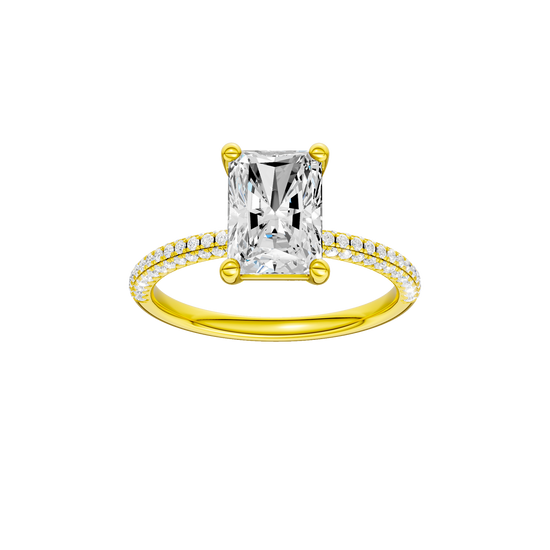 A top view of 14K yellow gold Amorati Alight radiant diamond solitaire with cathedral setting and pavé band