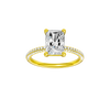 A top view of 14K yellow gold Amorati Alight radiant diamond solitaire with cathedral setting and pavé band