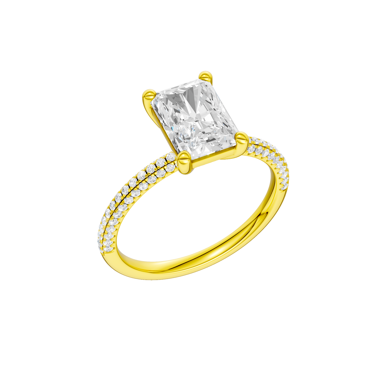 An angled view of 14K yellow gold Amorati Alight radiant diamond solitaire with cathedral setting and pavé band