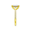 A side view of 14K yellow gold Amorati Alight radiant diamond solitaire with cathedral setting and pavé band