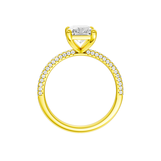 A side profile view of 14K yellow gold Amorati Alight radiant diamond solitaire with cathedral setting and pavé band