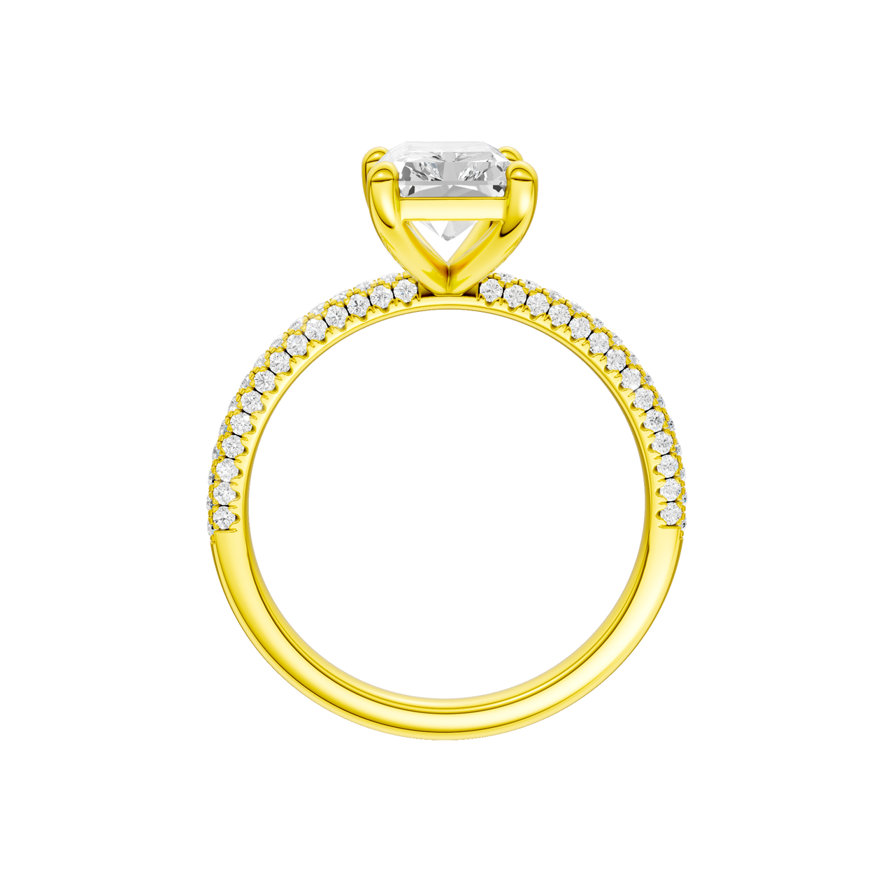 A side profile view of 14K yellow gold Amorati Alight radiant diamond solitaire with cathedral setting and pavé band