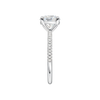 A side view of the Round cut diamond engagement ring in platinum  with a pavé diamond band and cathedral setting