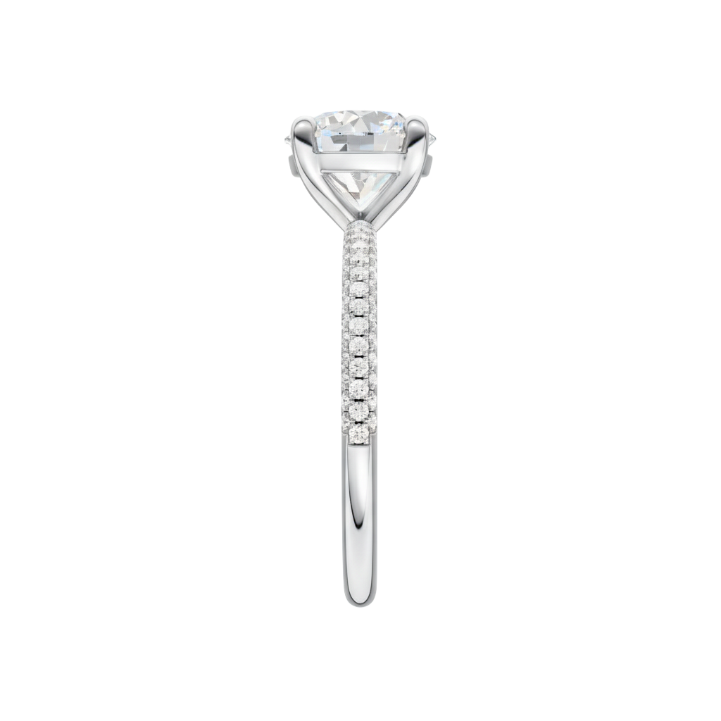 A side view of the Round cut diamond engagement ring in platinum  with a pavé diamond band and cathedral setting