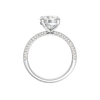 A profile view of the Round cut diamond engagement ring in 14k white gold with a pavé diamond band and cathedral setting