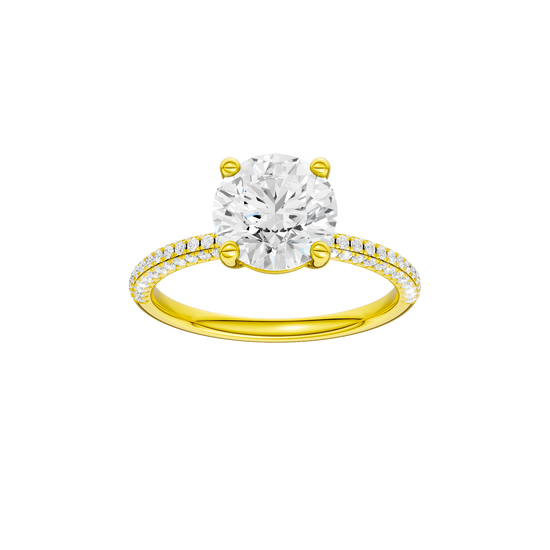 A front view of the Round cut diamond engagement ring in 14k yellow gold with a pavé diamond band and cathedral setting
